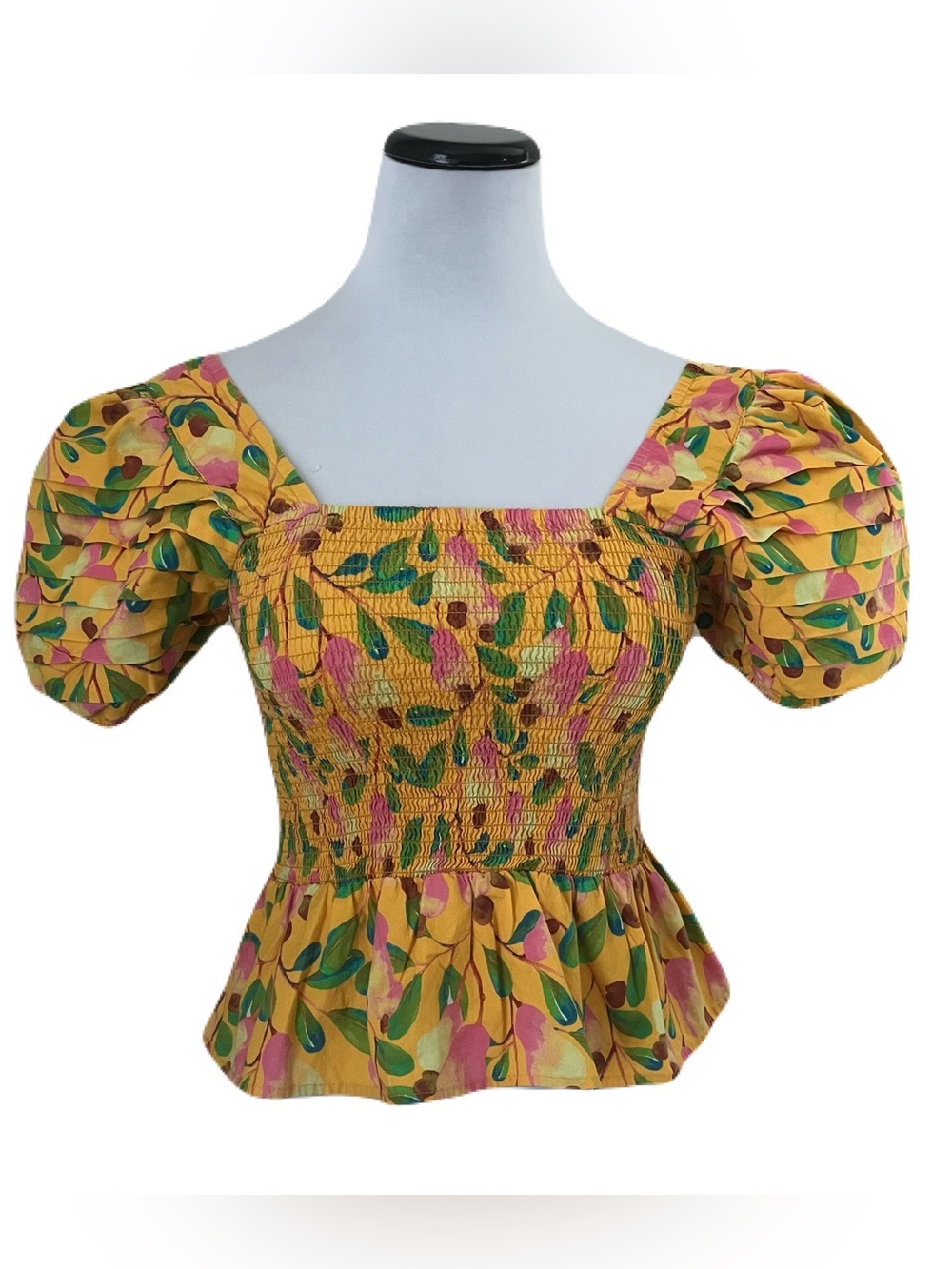 Farm Rio Yellow Tropical Flutter Smocked Peplum Puff Sleeve Top Size Small